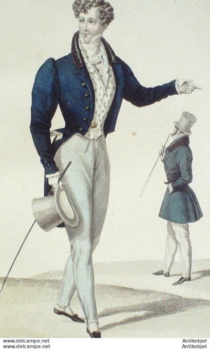 Gravure de mode Costume Parisien 1827 n°2527 Redingote et habit de drap homme