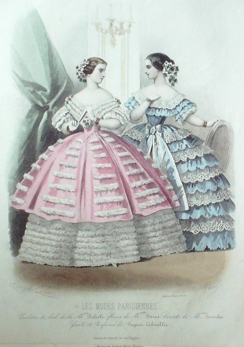 Gravure Les Modes Parisiennes 1857 # 766 Robes de bal Maison Delisle
