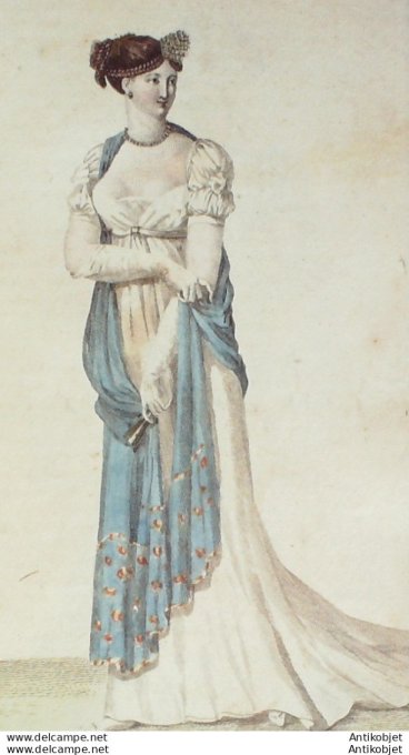 Gravure de mode Costume Parisien 1805 n° 605 (An 13) Peigne et aigrette en diamants