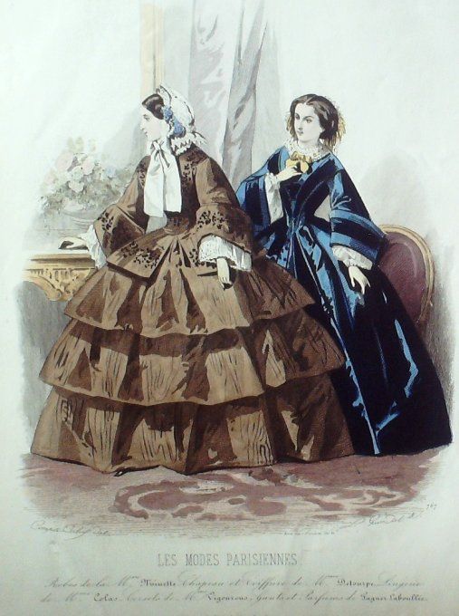 Gravure Les Modes Parisiennes 1858 # 767 Robes en tissu Maison Minette