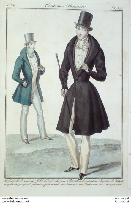 Gravure de mode Costume Parisien 1829 n°2727 Redingote casimir gilet d'étoffe pantalon Nankin costum