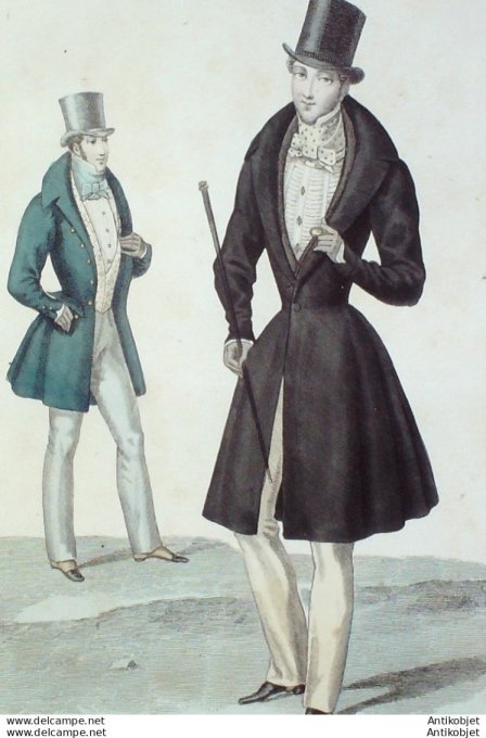 Gravure de mode Costume Parisien 1829 n°2727 Redingote casimir gilet d'étoffe pantalon Nankin costum