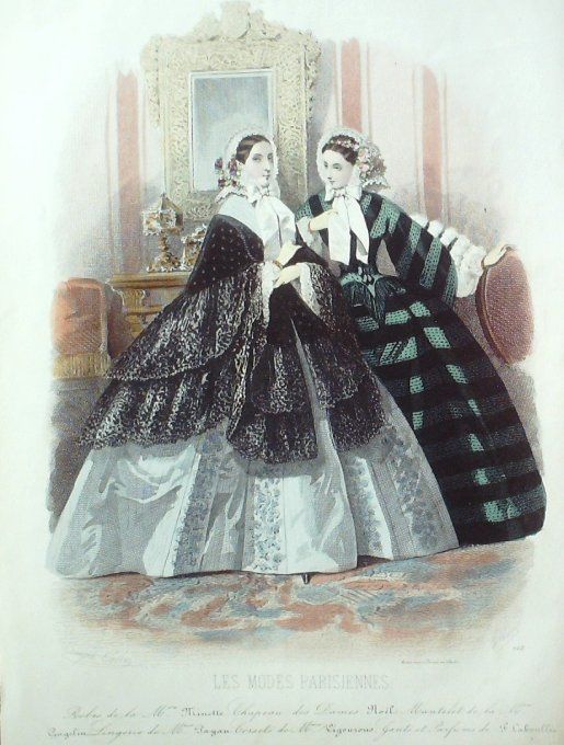 Gravure Les Modes Parisiennes 1858 # 768 Robes velours Maison Minette