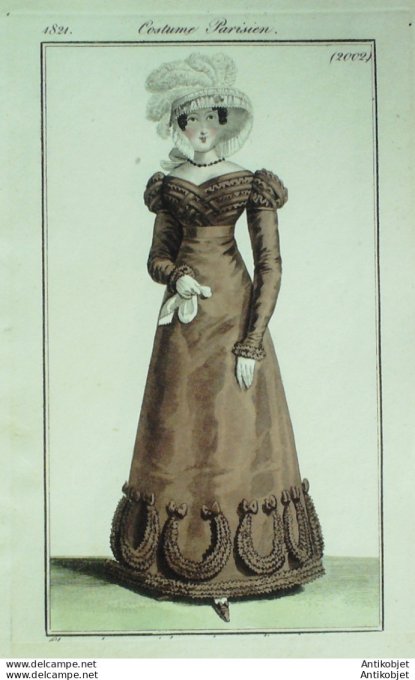 Gravure de mode Costume Parisien 1821 n°2002 Robe gros de Naples à corsage