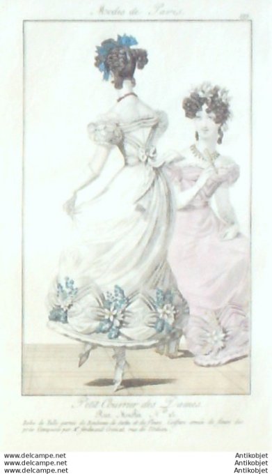 Gravure Mode Courrier des Dames 1823 #  199 (eau forte old Fashion plate)
