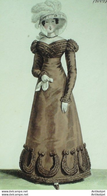 Gravure de mode Costume Parisien 1821 n°2002 Robe gros de Naples à corsage