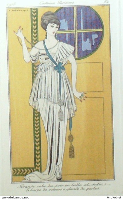 Gravure de mode Costume Parisien 1913 pl.084 BARBIER George Robe tulle