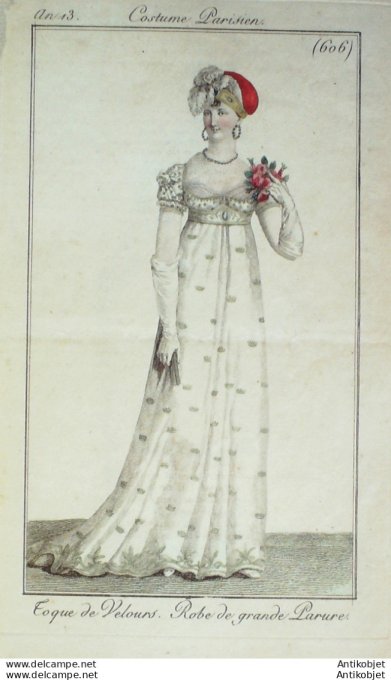 Gravure de mode Costume Parisien 1805 n° 606 (An 13) Robe grande parure