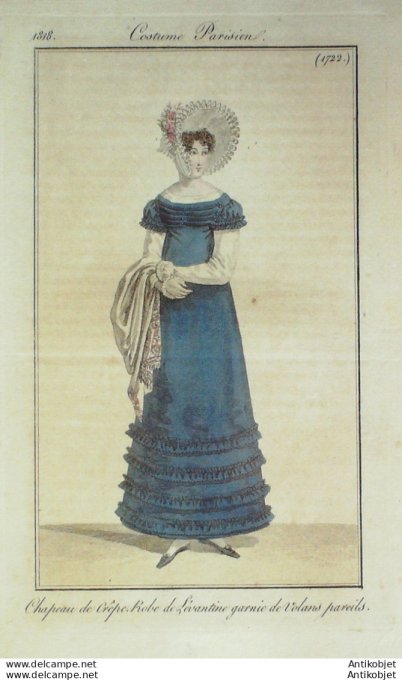 Gravure de mode Costume Parisien 1818 n°1722 Robe Levantine garnie
