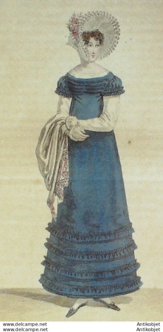 Gravure de mode Costume Parisien 1818 n°1722 Robe Levantine garnie