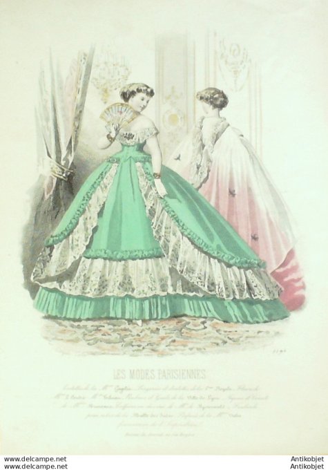 Gravure Les Modes Parisiennes 1865 #1194 Robes de bal Maison Cagelin