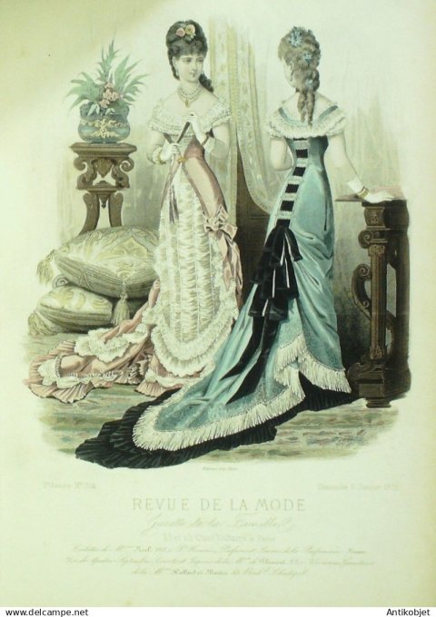 Gravure  de mode Costume Parisien 1798 n° 60 (An 6) postiche falbalas, sous la robe