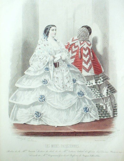 Gravure Les Modes Parisiennes 1858 # 771 Robes de soirées Maison Fauvet