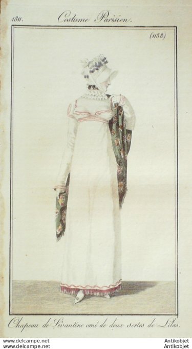 Gravure de mode Costume Parisien 1811 n°1138 Chapeau de Lévantine & Lilas