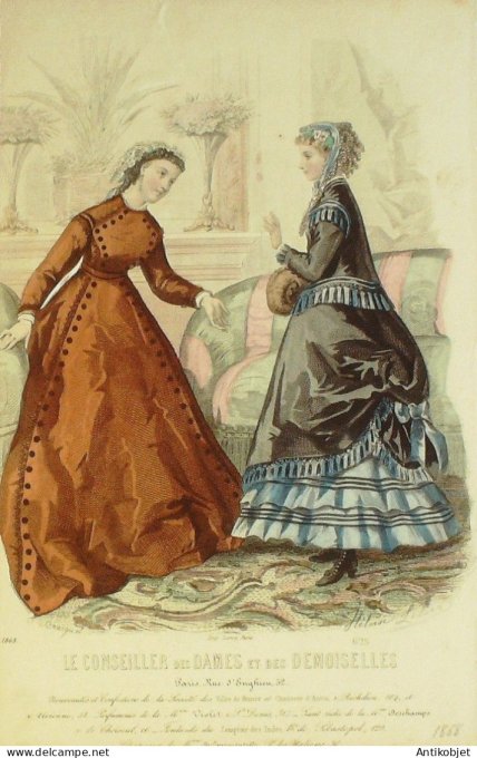 Gravure Mode Conseiller des Dames 1868 #  2 (aquarellee Old Fashion plate)