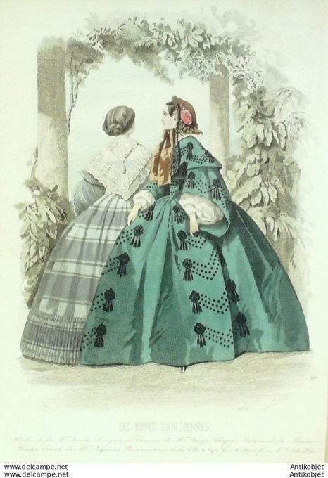Gravure Les Modes Parisiennes 1858 # 795 Robes de promenade Maison Fauvet