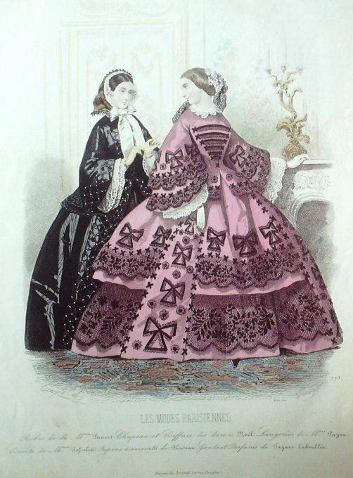 Gravure Les Modes Parisiennes 1858 # 773 Robes d'intérieur Maison Fauvet