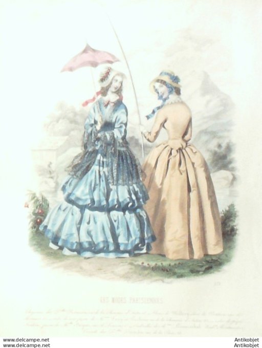 Gravure Les Modes Parisiennes 1846 # 171 Robe de soie Maison Pacherie