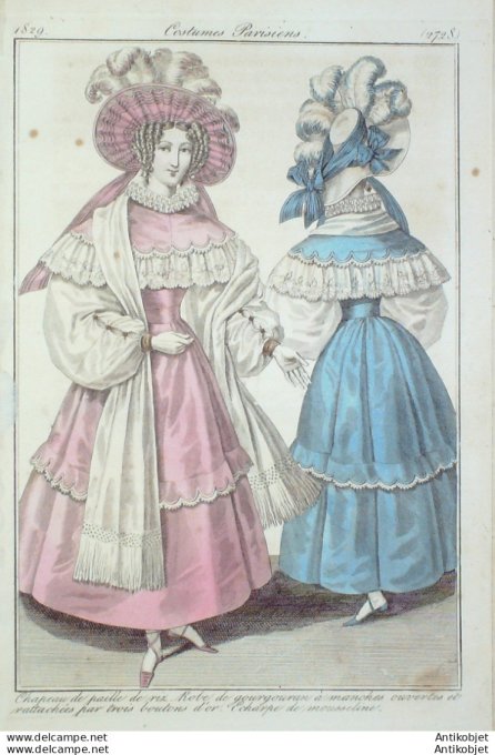 Gravure de mode Costume Parisien 1829 n°2728 Robe gourgouran manches mousseline