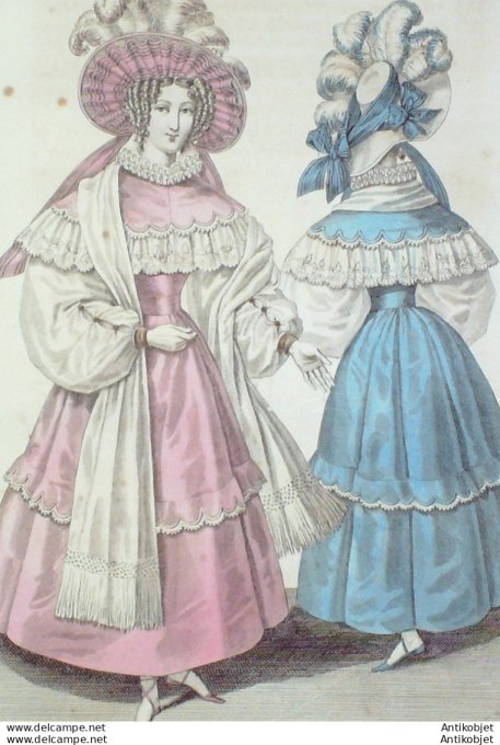 Gravure de mode Costume Parisien 1829 n°2728 Robe gourgouran manches mousseline