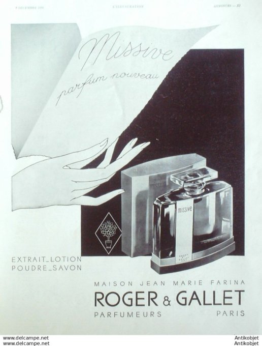 Publicite Cosmetique Roger & Gallet Missive 1933