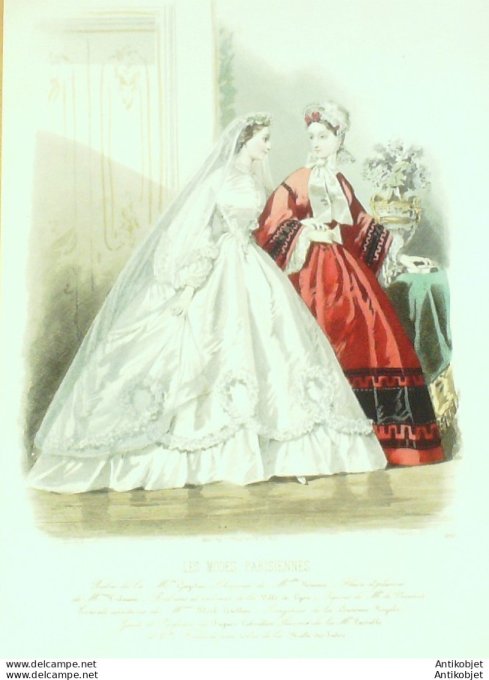 Gravure Les Modes Parisiennes 1862 # 996 Robes Mariée Maison Gagelin