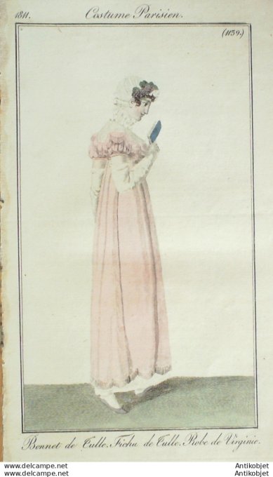 Gravure de mode Costume Parisien 1811 n°1139 Fichu en tulle Robe de Virginie