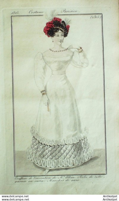 Gravure de mode Costume Parisien 1825 n°2305 Robe de tulle garnie de satin manches de gaze