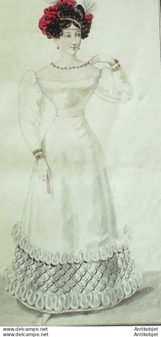 Gravure de mode Costume Parisien 1825 n°2305 Robe de tulle garnie de satin manches de gaze