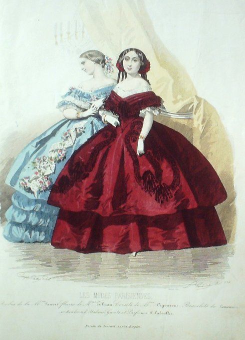 Gravure Les Modes Parisiennes 1858 # 776 Robes velours Maison Fauvet