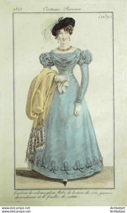 Gravure de mode Costume Parisien 1823 n°2139 Robe de bourre de soie