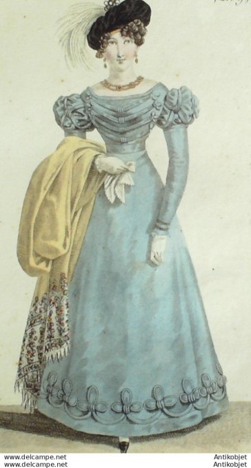 Gravure de mode Costume Parisien 1823 n°2139 Robe de bourre de soie