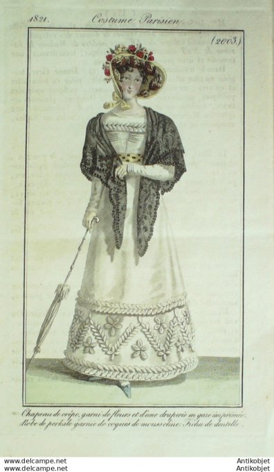 Gravure de mode Costume Parisien 1821 n°2003 Robe perkale et coques mousseline