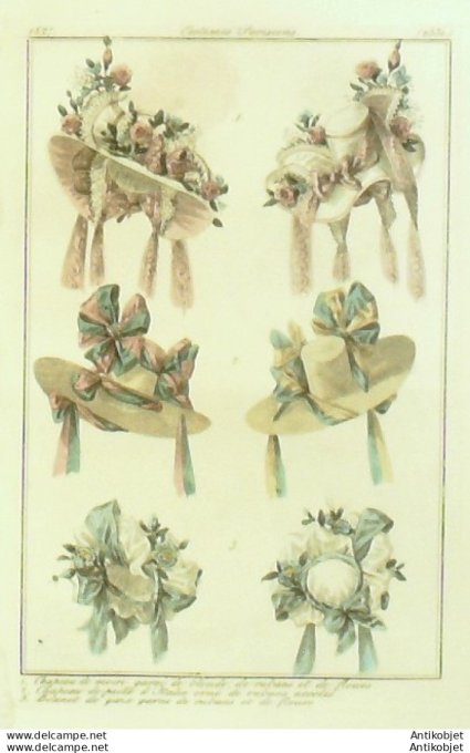 Costume Parisien 1827 # 2531 Bonnet de gaze chapeau de moire