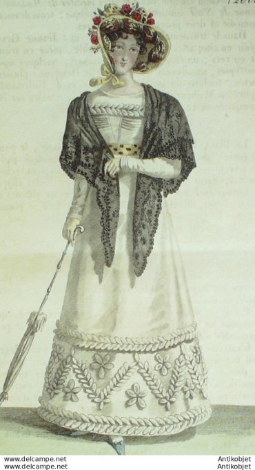 Gravure de mode Costume Parisien 1821 n°2003 Robe perkale et coques mousseline