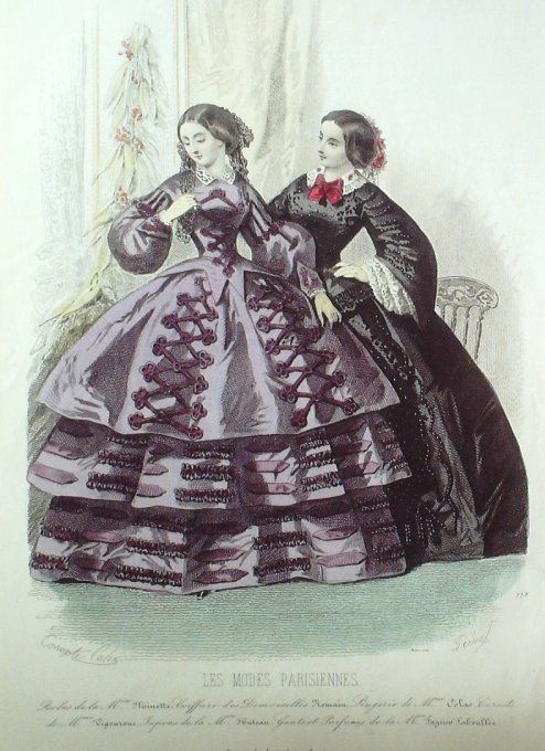 Gravure Les Modes Parisiennes 1858 # 778 Robes coton Maison Minette