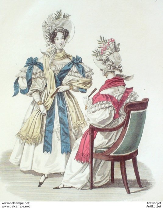 Costume Parisien 1832 # 3005 Robes mousseline brodées fichus