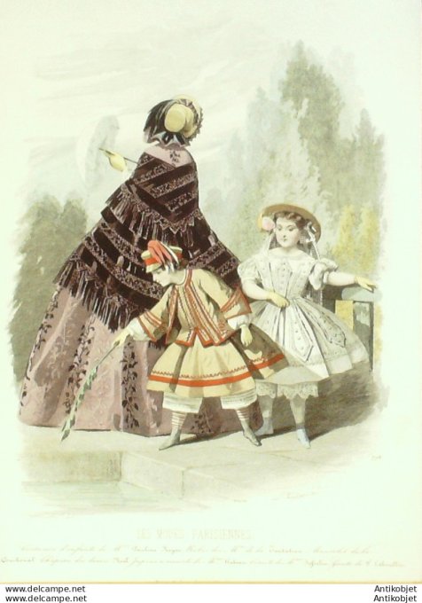 Gravure Les Modes Parisiennes 1858 # 796 Costumes enfants Maison Royer