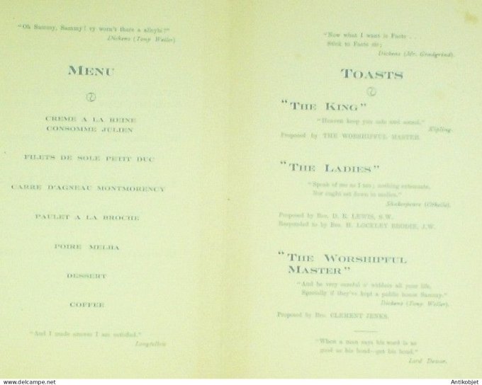 Menu banquet illustre Ladies Festival worlverhampton 1927