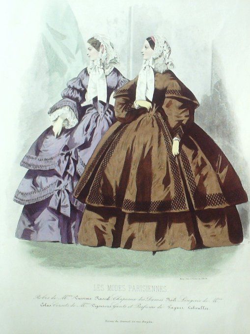 Gravure Les Modes Parisiennes 1858 # 779 Robes en gros de Naples Maison Rascal