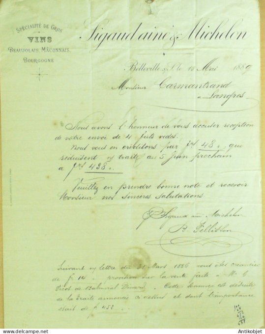 Facture Sigaudaines & Michelon (vins de Bourgogne) 1889 à Belleville