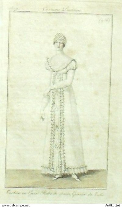 Costume Parisien 1809 # 956 (eau forte) Robe satin garnie de tulle