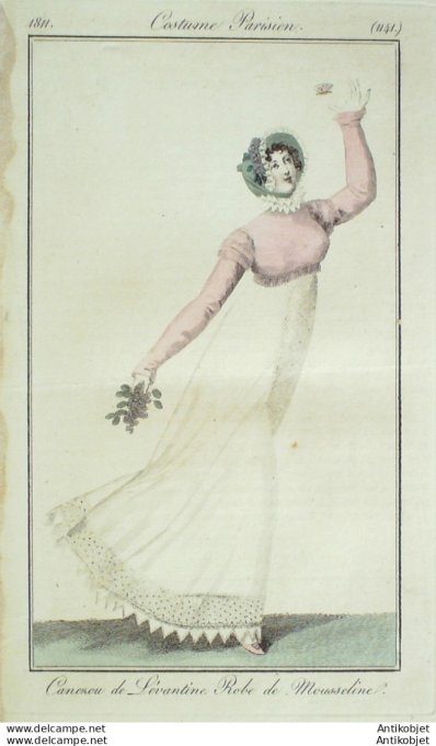 Gravure de mode Costume Parisien 1811 n°1141 Canezou Lévantine Robe mousseline
