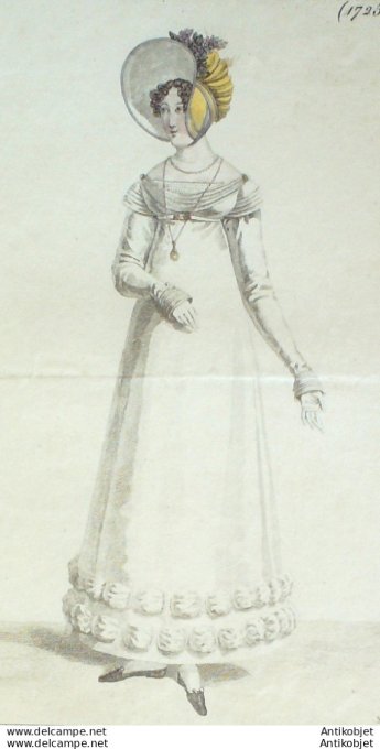 Gravure de mode Costume Parisien 1818 n°1725 Robe perkale garnie de crevés