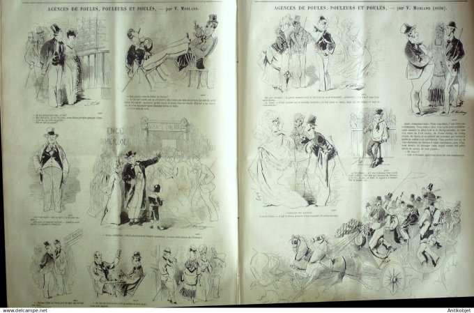 Le Journal Amusant 1874 #  937 Agences de poules pouleurs et poules par Morland