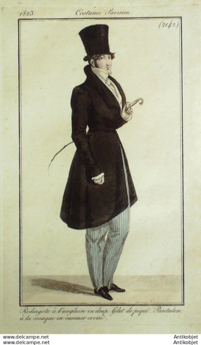 Gravure de mode Costume Parisien 1823 n°2142 Redingote à l'anglaise homme