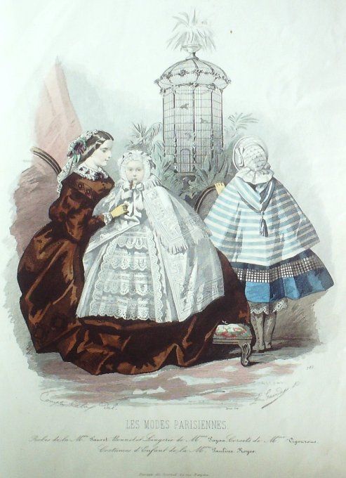 Gravure Les Modes Parisiennes 1858 # 783 Robes velours satin Maison Fauvet