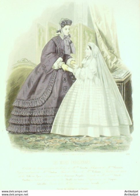 Gravure Les Modes Parisiennes 1862 # 998 Robes satin Maison Leriche