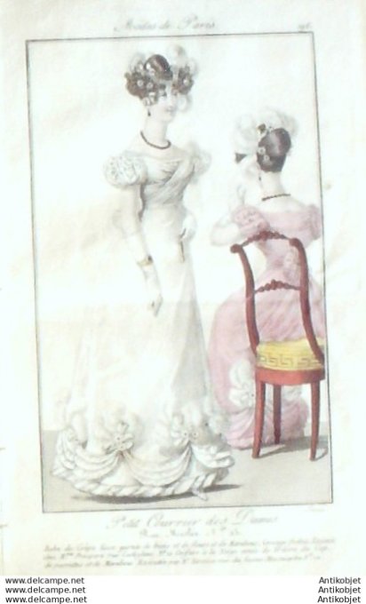 Gravure Mode Courrier des Dames 1823 #  196 (eau forte old Fashion plate)