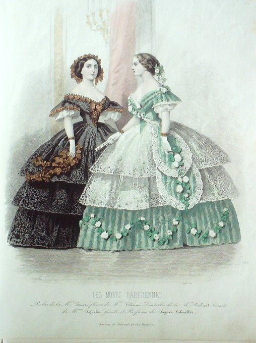 Gravure Les Modes Parisiennes 1858 # 784 Robes Lavanine Maison Fauvet